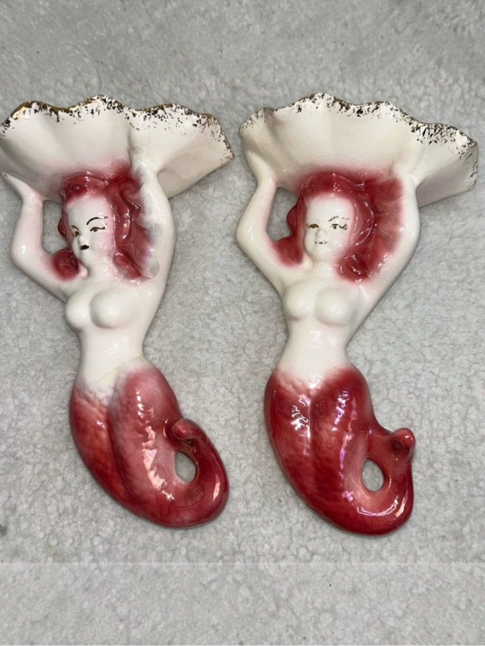 Vintage MCM Mermaid Wall Decor Soap Holder Set Ceramic Pink Gold Shell 2pc
